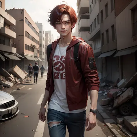 Anime Teen 18 years with dark red hair, brown eyes using casual clothes running from zombies in the background of a destroyed city, his face has a mistivous smile