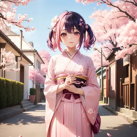 (Beautifully Aesthetic:1.2)、(1girl in:1.3)、(colourful hair、Half pink hair and half black hair:1.2)、natta、colourfull、cherryblossom、Fantastical、Wearing a pink and white kimono、Beauty of the spirit、Cherry blossoms flutter、Beautie、flower language（Dont forget m...