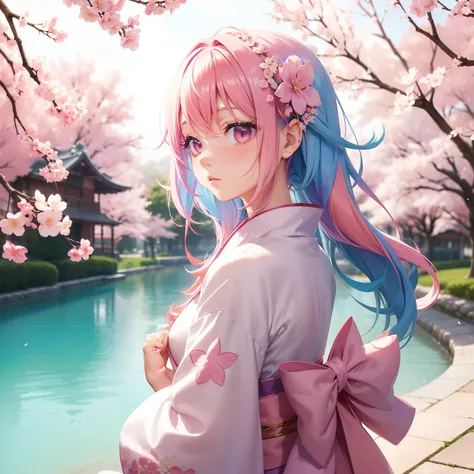 (Beautifully Aesthetic:1.2)、(1girl in:1.3)、(colourful hair、Half pink hair and half black hair:1.2)、natta、colourfull、cherryblossom、Fantastical、Wearing a pink and white kimono、Beauty of the spirit、Cherry blossoms flutter、Beautie、flower language（Dont forget m...