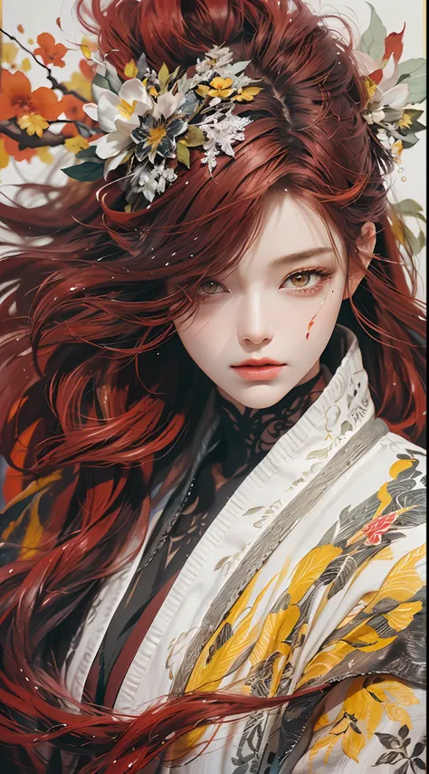 art board , painting a close up of a woman with dark red hair , woman has white long robe with black line on it, yellow eyes , beautiful fantastic kanzashi , beautiful character painting , epic exquisite character art, stunning character art, by Fan Qi , s...