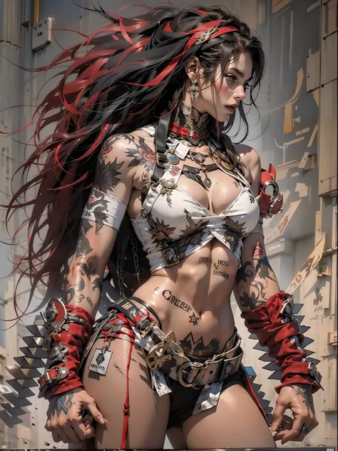 (((mulher))), (((melhor qualidade))), (((obra prima))), (((adulta))), Uma guerreira mulher de 35 anos com corpo perfeito, Brooklyn Gladiators, (( under boobs )), quase nua no estilo selvagem urbano de Simon Bisley para a capa da revista Heavy Metal, cabelo...