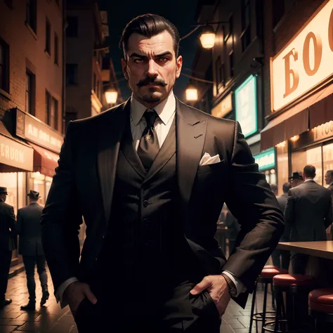 A imagem retrata um mafioso em um ambiente dos anos 1920. Hes wearing an elegant striped suit, com uma gravata borboleta e um colete combinando. His well-groomed mustache accentuates his imposing appearance. Hes standing, with a serious, confident expressi...