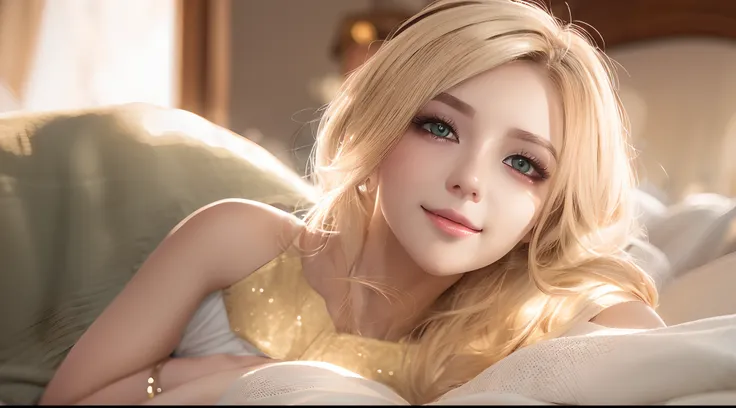 shiny blonde hair，heterochromic pupils，seduct smile，seductive expressions，generous pajamas，lie down in bed，inside in room，first-...