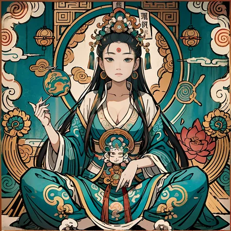 an ancient Chinese goddess, guanyin of the southern seas, Guanyin, Inspired by India, Avalokiteshvara，,Serene expression,shui mo hua,Buddha,Buddhist,Lotus,Chinese painting style,Thangka style