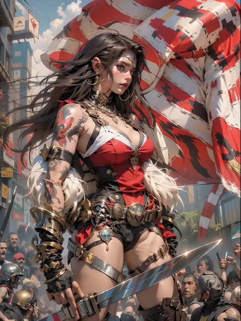 (((mulher))), (((melhor qualidade))), (((obra prima))), (((adulta))), Uma guerreira mulher de 35 anos com corpo perfeito, Brooklyn Gladiators, (( under boobs )), Croatia flag, quase nua no estilo selvagem urbano de Simon Bisley para a capa da revista Heavy...