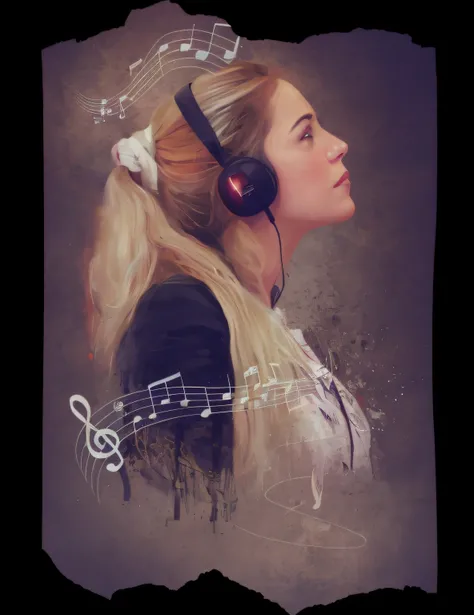 There is a woman with headphones when listening to music, music poster, arte de fundo com notas musicais , arte do perfil lateral, estilo pintura digital, beautiful artwork, retrato detalhado, retrato de alta qualidade, music album cover, fan art, music is...