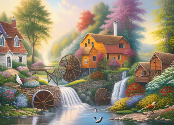 painting of a water mill with a waterfall and birds in the foreground, idyllic cottage, waterwheels, flowers and waterfalls, inspired by Thomas Kinkade, cottage in the forest, thomas kinkade style, water wheel, scenery art detailed, with waterfalls and riv...