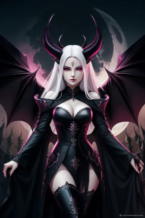 rainha succubus, queen, gotica, alta qualidade, horns, tail, dark demon wings, white hair, pink eyes, a luz do luar, fundo preto, lua, moon, mae e filha, filha, 2 anos, 22 anos, mae, filha