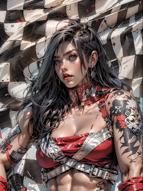 (((mulher))), (((melhor qualidade))), (((obra prima))), (((adulta))), Uma guerreira mulher de 35 anos com corpo perfeito, Brooklyn Gladiators, (( under boobs )), Croatia flag, quase nua no estilo selvagem urbano de Simon Bisley para a capa da revista Heavy...