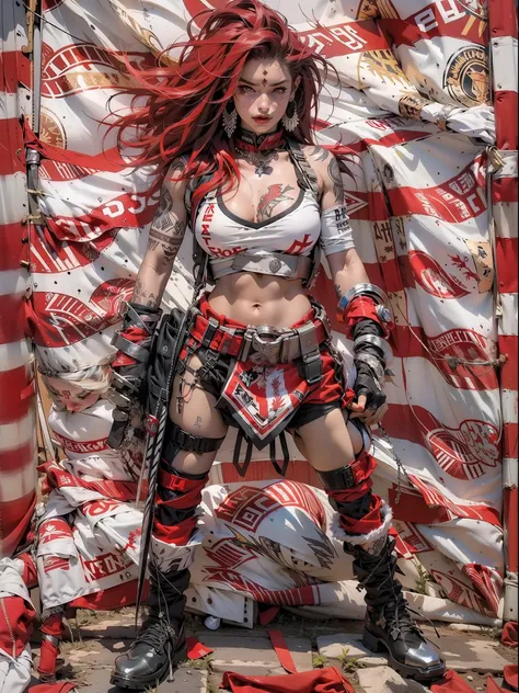 (((mulher))), (((melhor qualidade))), (((obra prima))), (((adulta))), Uma guerreira mulher de 35 anos com corpo perfeito, Brooklyn Gladiators, (( under boobs )), Croatia flag, quase nua no estilo selvagem urbano de Simon Bisley para a capa da revista Heavy...