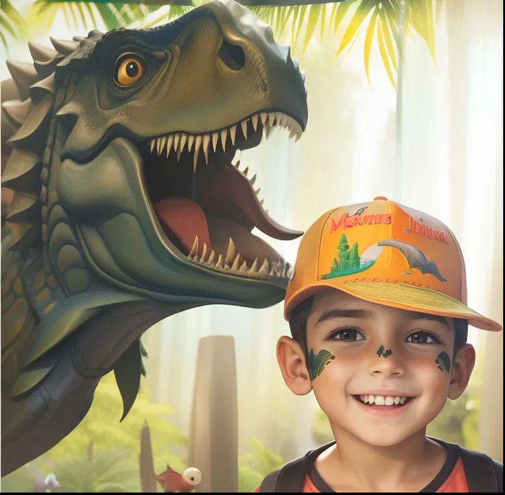 There is a boy wearing a hat and a dinosaur hat, inspirado em Adam Rex, inspirado em Abidin Dino, jurassic image, Dinossauro Trex, t - rex, T-Rex, Trex, fotorreal", dinossauros e godzilla, Dinossauros, jurassic, dinossauro, "Um mercado de dinossauros, fant...