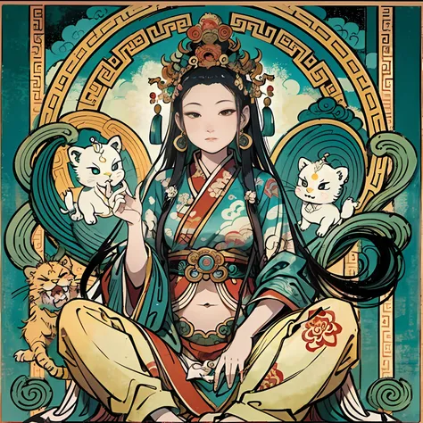 an ancient Chinese goddess, guanyin of the southern seas, Guanyin, Inspired by India, Avalokiteshvara rides the lion，,Serene expression,shui mo hua,Buddha,Buddhist,Lotus,Chinese painting style,Thangka style