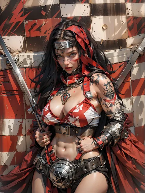 (((mulher))), (((melhor qualidade))), (((obra prima))), (((adulta))), Uma guerreira mulher de 35 anos com corpo perfeito, Brooklyn Gladiators, (( under boobs )), Croatia flag, quase nua no estilo selvagem urbano de Simon Bisley para a capa da revista Heavy...