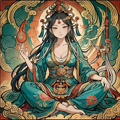 an ancient Chinese goddess, guanyin of the southern seas, Guanyin, Inspired by India, Avalokiteshvara rides a phoenix，,Serene expression,shui mo hua,Buddha,Buddhist,Lotus,Chinese painting style,Thangka style