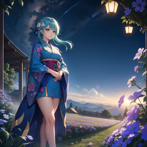 Beneath a beautifully aesthetic night sky, a girl with vibrant blue and green hair stood clad in a colorful kimono of the same hues. At her feet, a field of dayflowers spread, their blue blossoms gently glowing in the moonlight. The place held a deep rever...