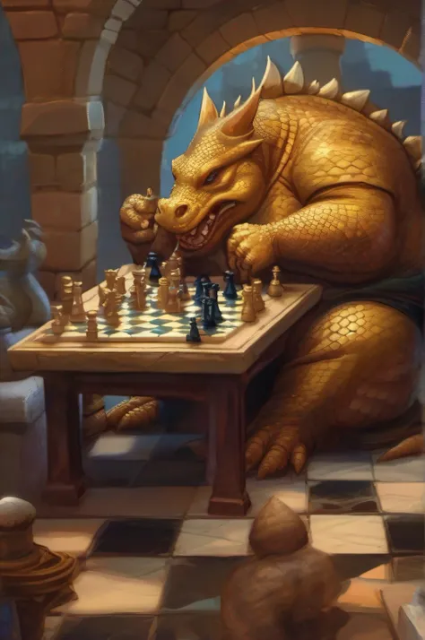 Fat dragon playing chess, em cores, 2D