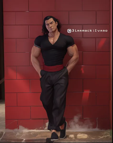 Yujiro hanma realistic version,a hand in his pocket,corpo detalhado,4k,Full HD,rosto detalhado, cabelo vermelho, roupa preta