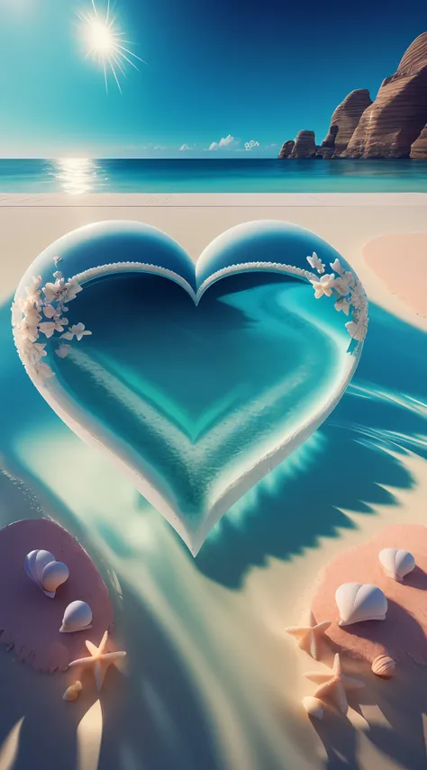 There is a heart-shaped object with a shell on the beach, 3 d ornate carved water heart, beautiful composition 3 - d 4 k, soft 3d render, gorgeous 3d render, beautiful 3d render, cute 3 d render, rendered in cinema 4 d, Rendered in Cinema4D, beautiful digi...