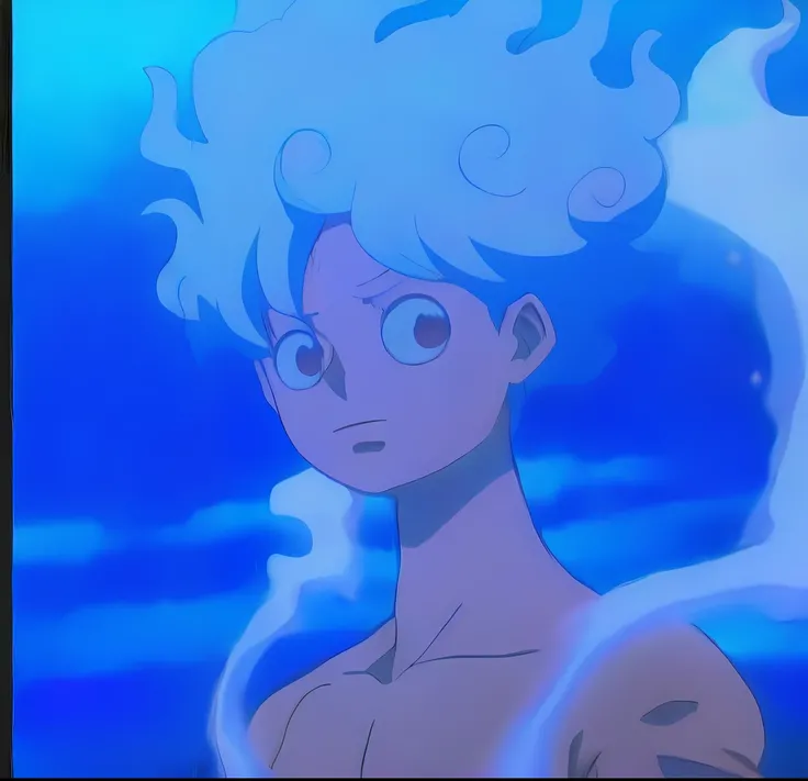 Anime character with blue hair and a white shirt standing in the water, 9 0 s anime aesthetic, from one piece, dreamy psychedelic anime, Como um atlante, 9 0 s estilo de arte anime, Captura de tela de Black Clover, inspirado em Eiichiro Oda, em uma obra-pr...