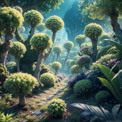 depth of field, human colony on unknown planet, clean white structures, bright vibrant colored vegetation, bioluminescent plants, hyperrealism, highly detailed, insanely detailed, lush detail, filigree, intricate, crystalline, global illumination, cosmonau...