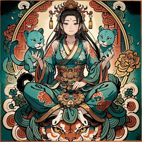 an ancient Chinese goddess, guanyin of the southern seas, Guanyin, Inspired by India, Avalokiteshvara rides a lion，,Serene expression,shui mo hua,Buddha,Buddhist,Lotus,Chinese painting style,Thangka style