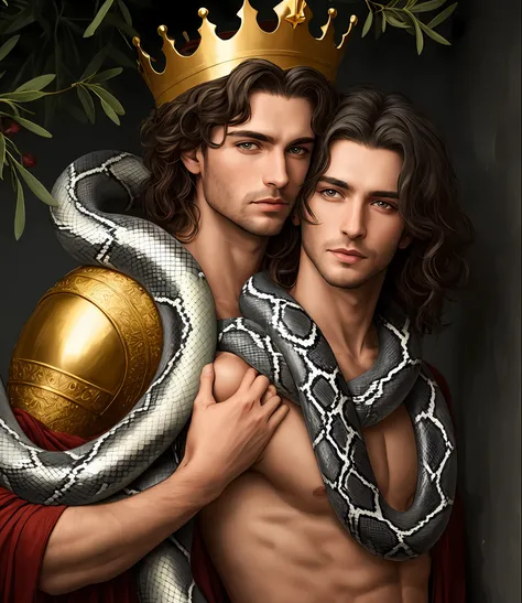 A European man with a golden skin and the olive eyes and long dark grey hair and the crown of snake