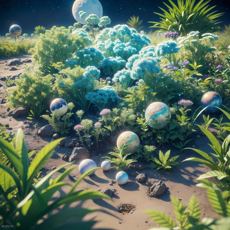 depth of field, human colony on unknown planet, clean white structures, bright vibrant colored vegetation, bioluminescent plants, hyperrealism, highly detailed, insanely detailed, lush detail, filigree, intricate, crystalline, global illumination, cosmonau...