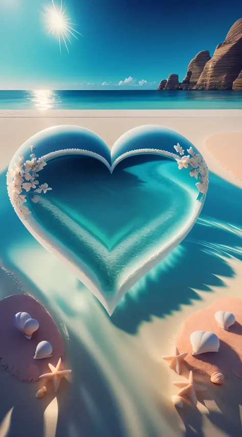 There is a heart-shaped object with a shell on the beach, 3 d ornate carved water heart, beautiful composition 3 - d 4 k, soft 3d render, gorgeous 3d render, beautiful 3d render, cute 3 d render, rendered in cinema 4 d, Rendered in Cinema4D, beautiful digi...