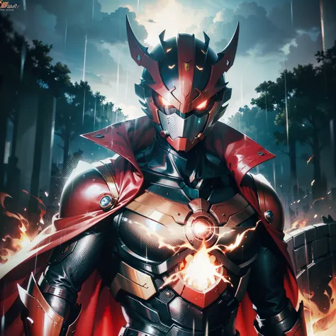 （anime big breast）, hyper HD, ((Masterpiece)), Faithful and meticulous, ((high qulity)), Kamen Rider, Mechanical armor, Glowing red eyes，Side close-up，Red cape, A flame in a combustion, rain, An atmosphere of sadness, Domineering，disrupt