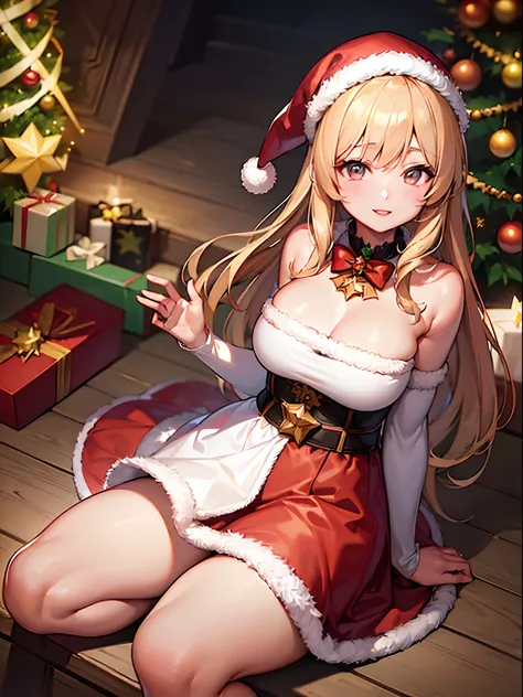 (best quality, masterpiece:1.3), illustrations, anime, very high resolution, large filesize, full color, beautiful detailed glow, front light, 1girl, Christmas, santa costume, magical girl, Christmas decorations,