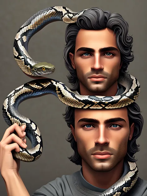 A man with a golden skin and the olive eyes and long dark grey hair and the crown of snake