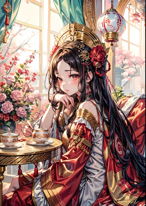 anime girl in oriental dress sitting at a table with a cup of tea, palace ， a girl in hanfu, ((a beautiful fantasy empress)), artwork in the style of guweiz, a beautiful fantasy empress, traditional chinese, chinese style, chinese princess, ancient chinese...