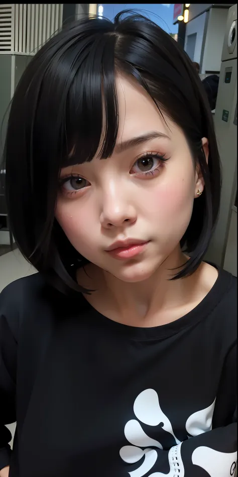 a close up of a young girl with a black shirt,  wan adorable korean face, black hime cut hair, with short hair, ultra detail,