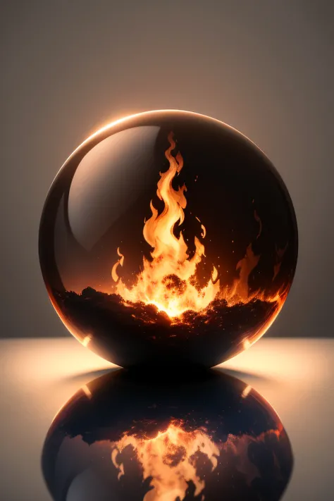 Fire inside a glass sphere, white background, no reflection, no shadow