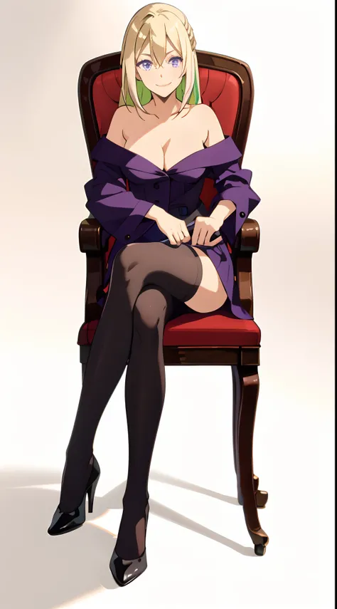 1girl, bangs, bare_shoulders, black_legwear, blonde_hair, blush, breasts, chair, cleavage, closed_mouth, collarbone, eyebrows_visible_through_hair, hair_between_eyes, high_heels, long_hair, looking_at_viewer, multicolored_hair, off_shoulder, panties, purpl...