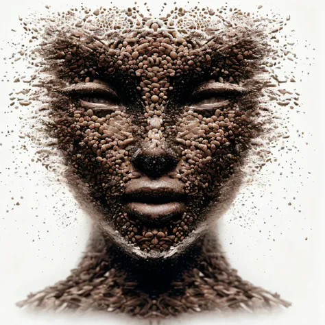 A closeup of an android robot with a face made of coffee beans, inspirado em Igor Morski, face fractal, machine parts embedded into face, symmetrical vogue face portrait, rosto intrincado, symmetical face, symmetrical face portrait, retrato humanoide, face...