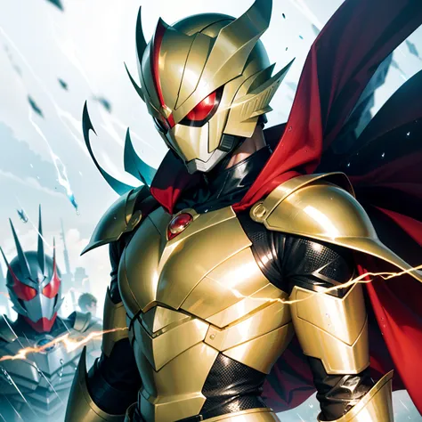 Stable diffusion image of a high-definition masterpiece：male people，Kamen Rider wears mechanical armor，Eyes sparkling red，Side close-up，The cloak flutters，Magical power surrounds，The flame of the right arm burns，Raindrops fall，The atmosphere of sadness is ...