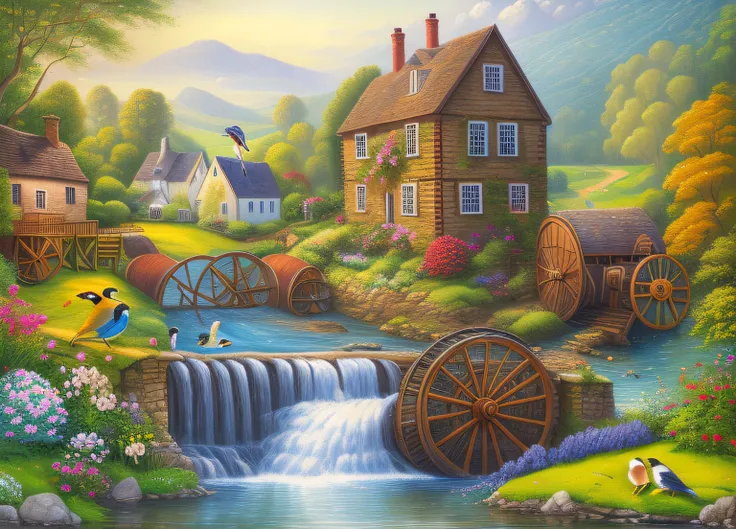 painting of a water mill with a waterfall and birds in the foreground, idyllic cottage, waterwheels, flowers and waterfalls, inspired by Thomas Kinkade, cottage in the forest, thomas kinkade style, water wheel, scenery art detailed, with waterfalls and riv...