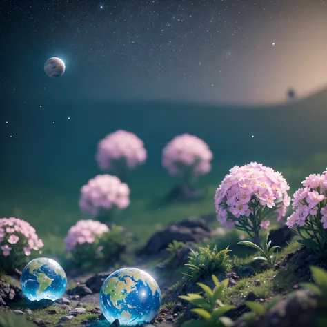 depth of field, human colony on unknown planet, clean white structures, bright vibrant colored vegetation, bioluminescent plants, hyperrealism, highly detailed, insanely detailed, lush detail, filigree, intricate, crystalline, global illumination, cosmonau...