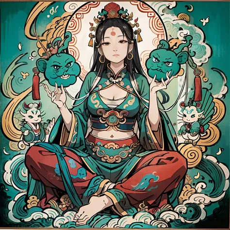 an ancient Chinese goddess, guanyin of the southern seas, Guanyin, Inspired by India, Avalokiteshvara rides a dragon，,Serene expression,shui mo hua,Buddha,Buddhist,Lotus,Chinese painting style,Thangka style