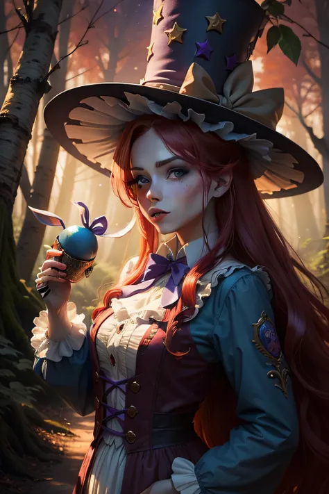 a female mad hatter, red hair, blue and orange makeup in the face, living in a forest with bunnys in the background, purple sky full of stars