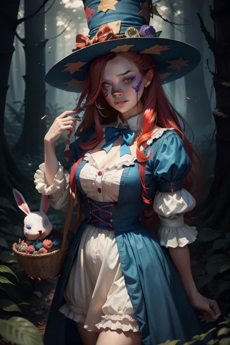 a female mad hatter, red hair, blue and orange makeup in the face, living in a forest with bunnys in the background, purple sky full of stars