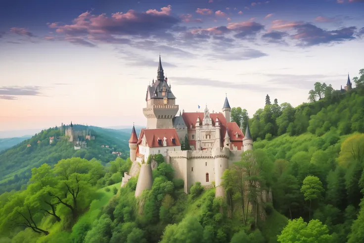 Arafed Castle on a hill with trees and a sky background, transylvania, Draculas Castle, transylvanian castle, Castelo bonito, Castelvânia, Castelo medieval no fundo, Shutterstock, Castelo na montanha, Magic castle school on a hill, сastle on the rock, goth...