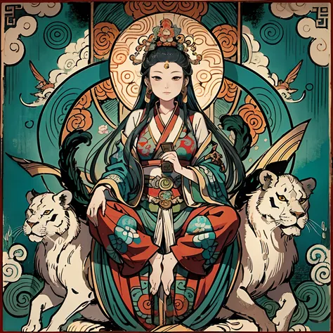 an ancient Chinese goddess, guanyin of the southern seas, Guanyin, Inspired by India, Avalokiteshvara rides a lion，,Serene expression,shui mo hua,Buddha,Buddhist,Lotus,Chinese painting style,Thangka style