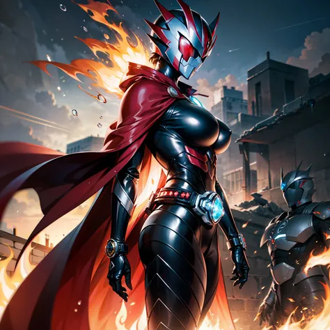 （anime big breast）Stable diffusion image of an Ultra HD masterpiece：Kamen Rider wears mechanical armor，Red eyes sparkle，With a close-up of the side，The red cloak flutters，Magical powers surround，The flame burns，Raindrops fall，An atmosphere of sadness linge...