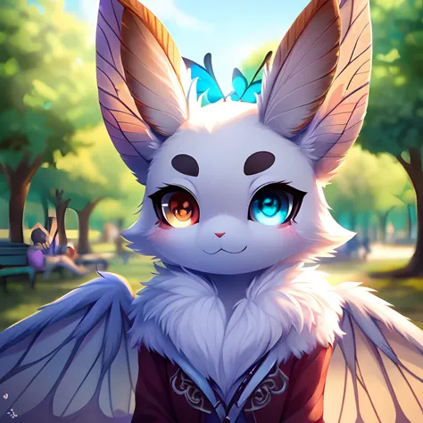 cute anthro moth, female, heterochromia, with gray butterfly wings, full body covered with colorful fluffy fur, full body, close-up, intricate, detailed, sharp focus, blurry background, park background, trending on Pixiv, 4k