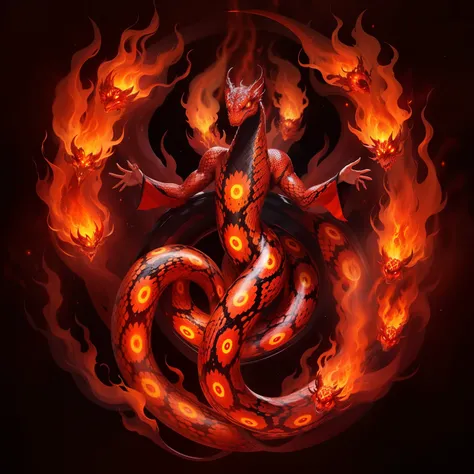 Fire snake with many eyes from which flames also come out in the Dença forest, brazi, Horror cosmic, Lovercraft