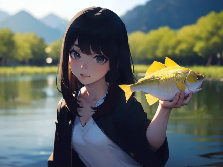 ((((Catch big fish by the lakeside)))),((Best Quality, masterpiece :1.3)),((( Large Mouth Bass))),hight resolution,ultra-detailliert,Beauty and aesthetics,​masterpiece,best qualtiy,(1 Japanese 22 years old woman),Black hair, long eyeslashes, Solid Circle E...