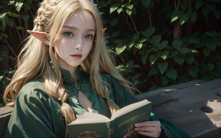 (reading book:1.3),Hyperrealist portrait of female elf, green eyes, sexy, young, adventurer outfit,long hair,blonde hair, hairstyle, (portrait, face focus:1.3)