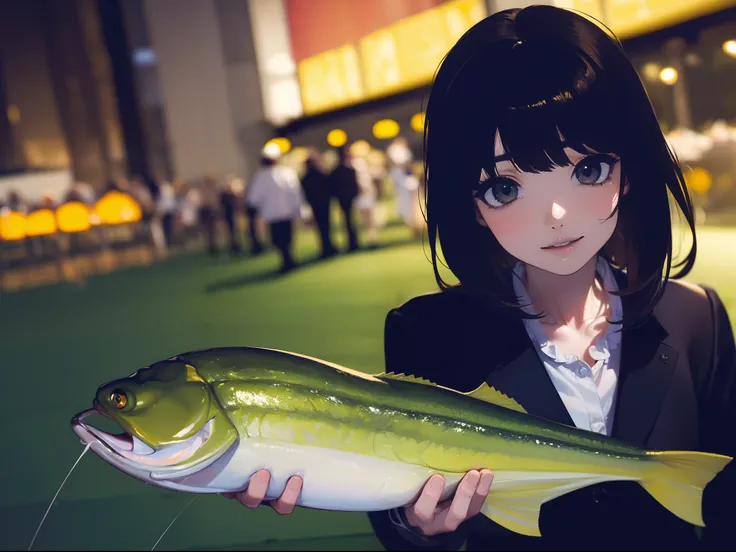 ((((Catch big fish by the lakeside)))),((Best Quality, masterpiece :1.3)),((( Large Mouth Bass))),hight resolution,ultra-detailliert,Beauty and aesthetics,​masterpiece,best qualtiy,(1 Japanese 22 years old woman),Black hair, long eyeslashes, Solid Circle E...